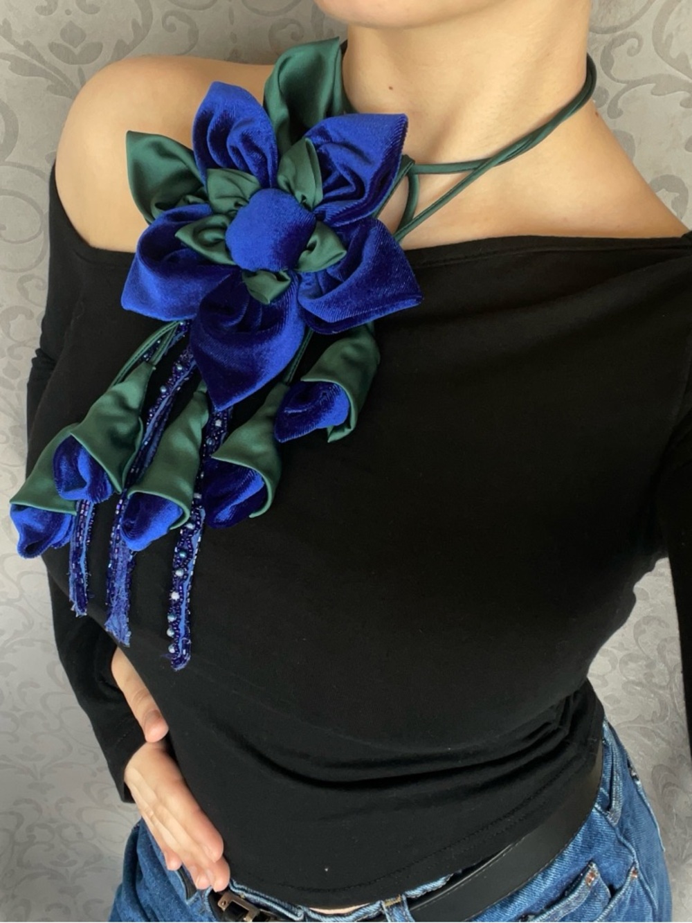 Handmade Blue & Green Velvet Floral Statement  Choker Necklace - Blue & Emerald